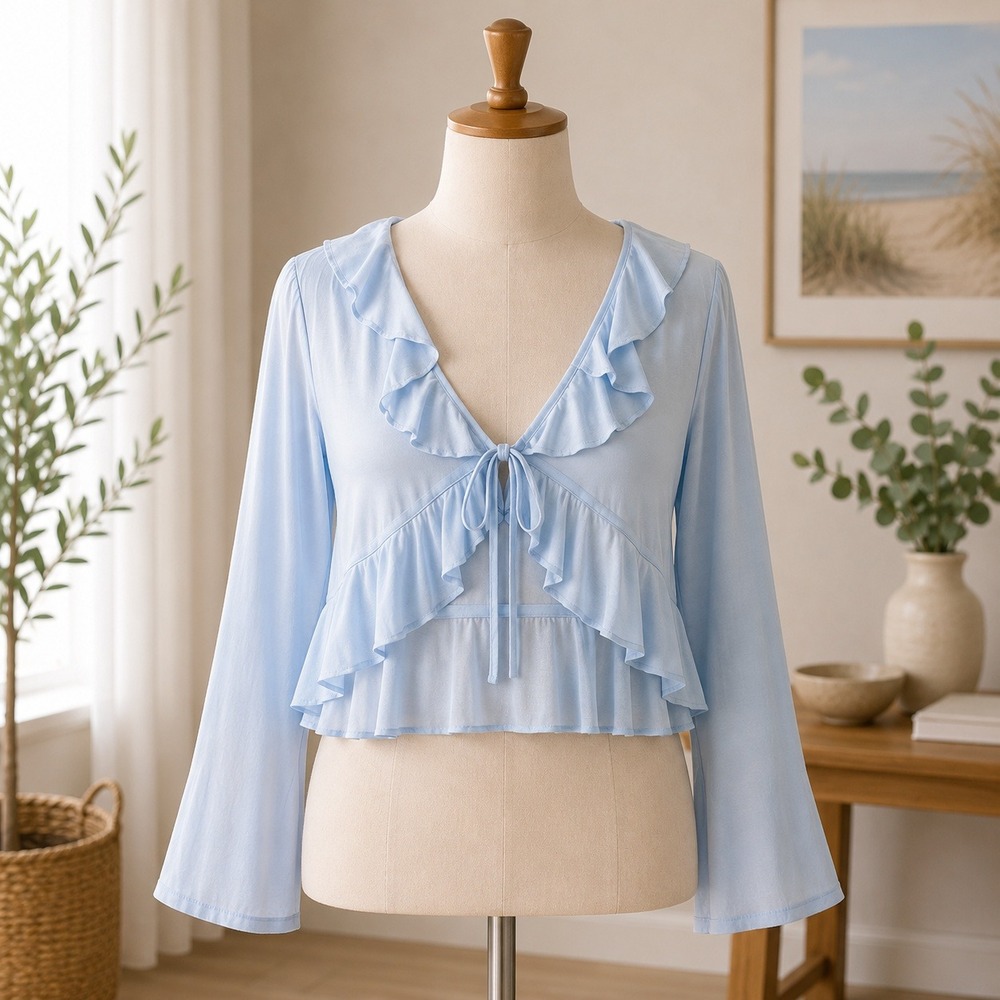 NWT Abound Ruffle‎ Tie Front Crop Top Womens Medium Blue Long Bell Sleeve Bolero